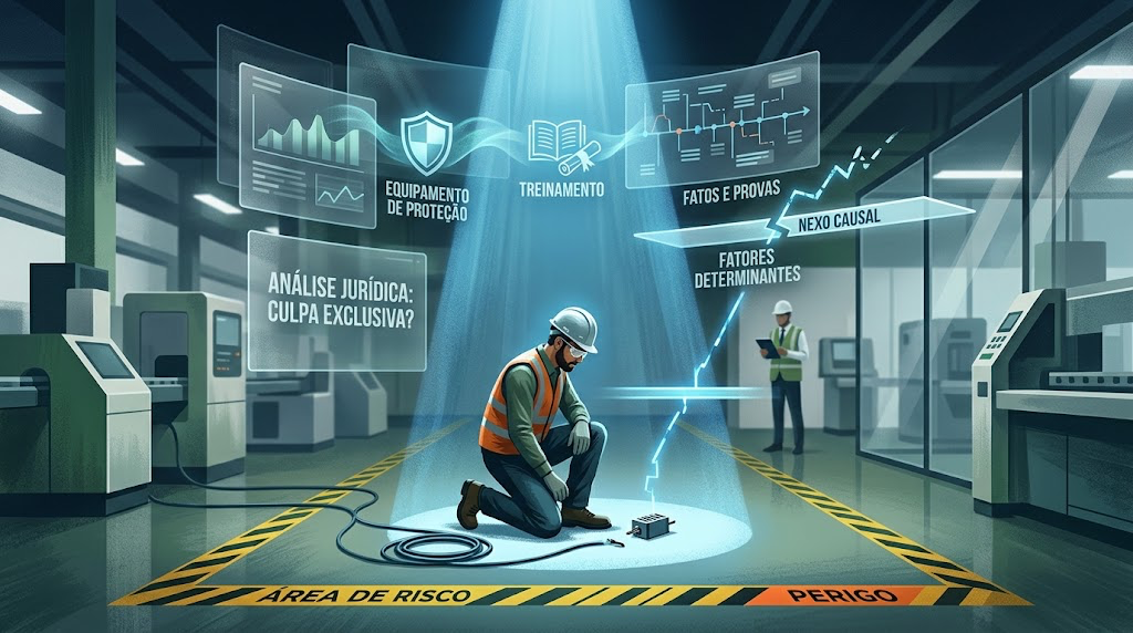 Ilustração sobre culpa exclusiva do trabalhador em acidente de trabalho e análise de nexo causal